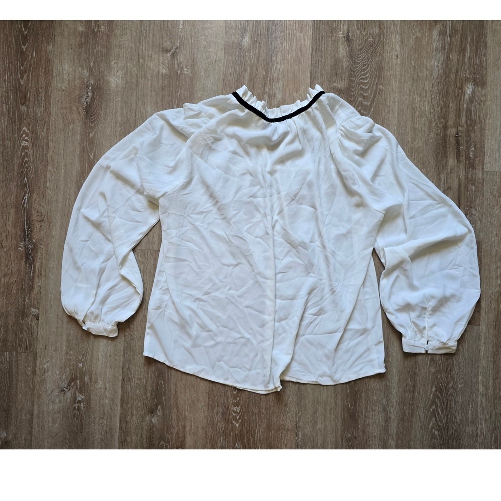 J.Crew Womens Ruffle Neck Tie Blouse Ivory White Black Velvet Trim size M sheer - Picture 8 of 9